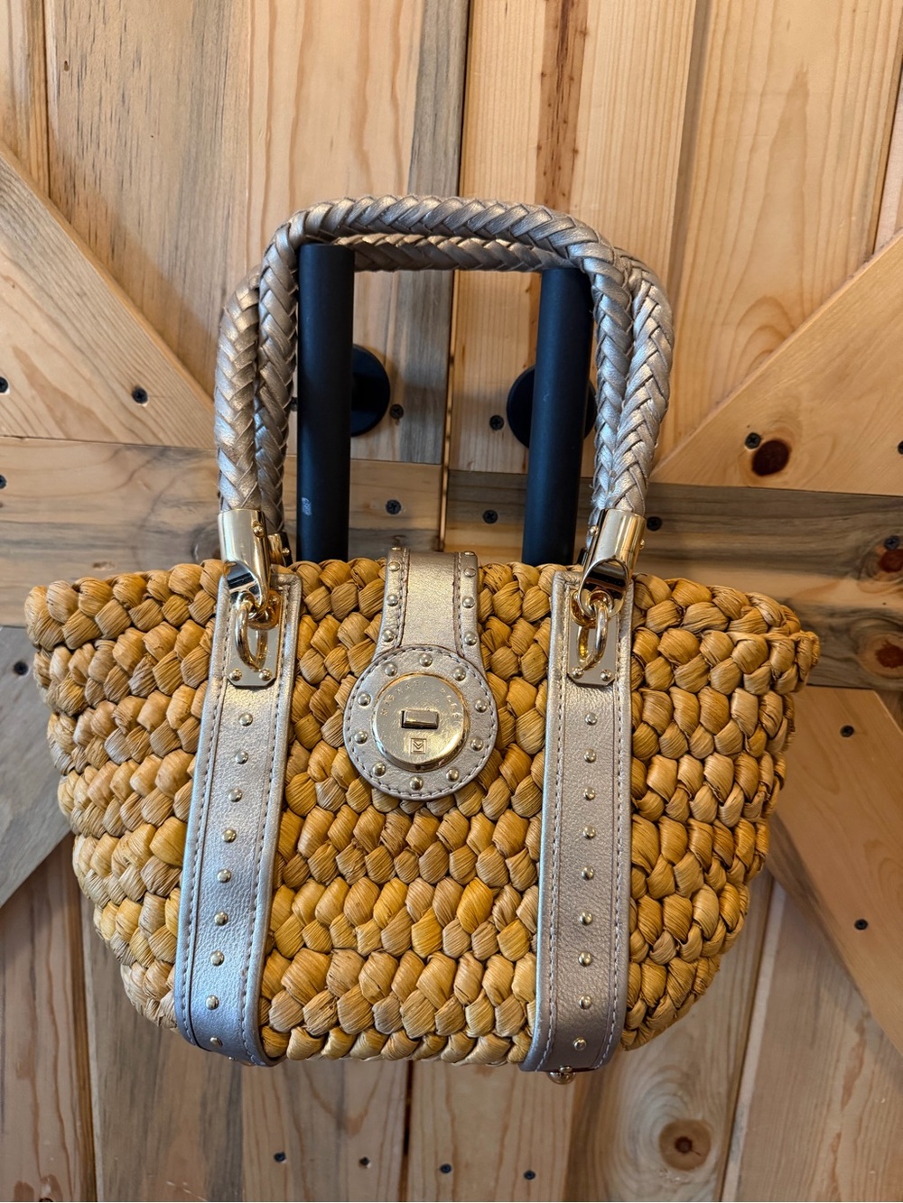 MICHAEL Michael Kors Mustard Woven Tote with Metallic Silver Trim